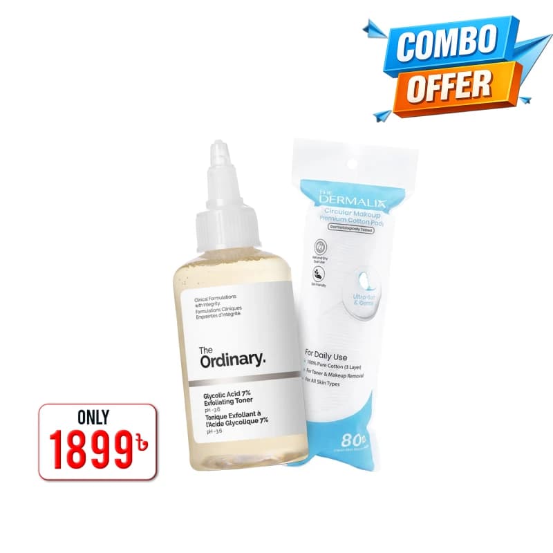 Combo 09 - Exfoliation Essentials Duo (The Ordinary Glycolic Acid 7% Exfoliating Toner 100ml+The Dermalix Premium Cotton Pads 80Pcs) 