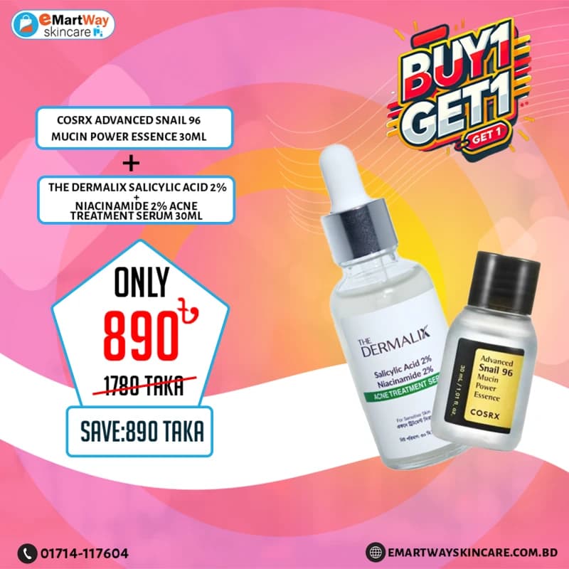 Buy 1 Get 1 ( Buy The Dermalix Salicylic Acid 2% + Niacinamide 2% Acne Treatment Serum 30ml Get Cosrx Advanced Snail 96 Mucin Power Essence 30ml)