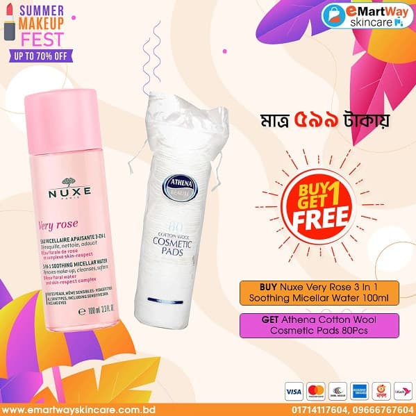 Buy 1 Get 1 (Buy 1 Nuxe Very Rose 3 In 1 Soothing Micellar Water 100ml Get 1 Athena Cotton Wool Cosmetic Pads 80Pcs Free) 