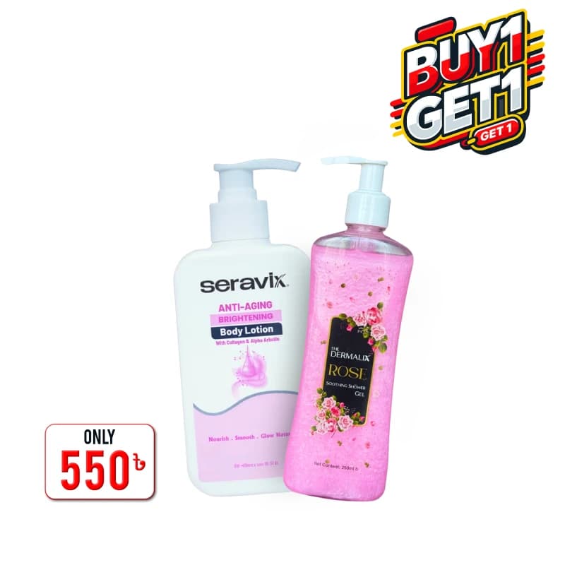 Buy 1 Get 1 07 (Seravix Anti Aging Brightening Body Lotion With Collagen & Alpha Arbutin 240ml+The Dermalix Rose Soothing Shower Gel 250ml)