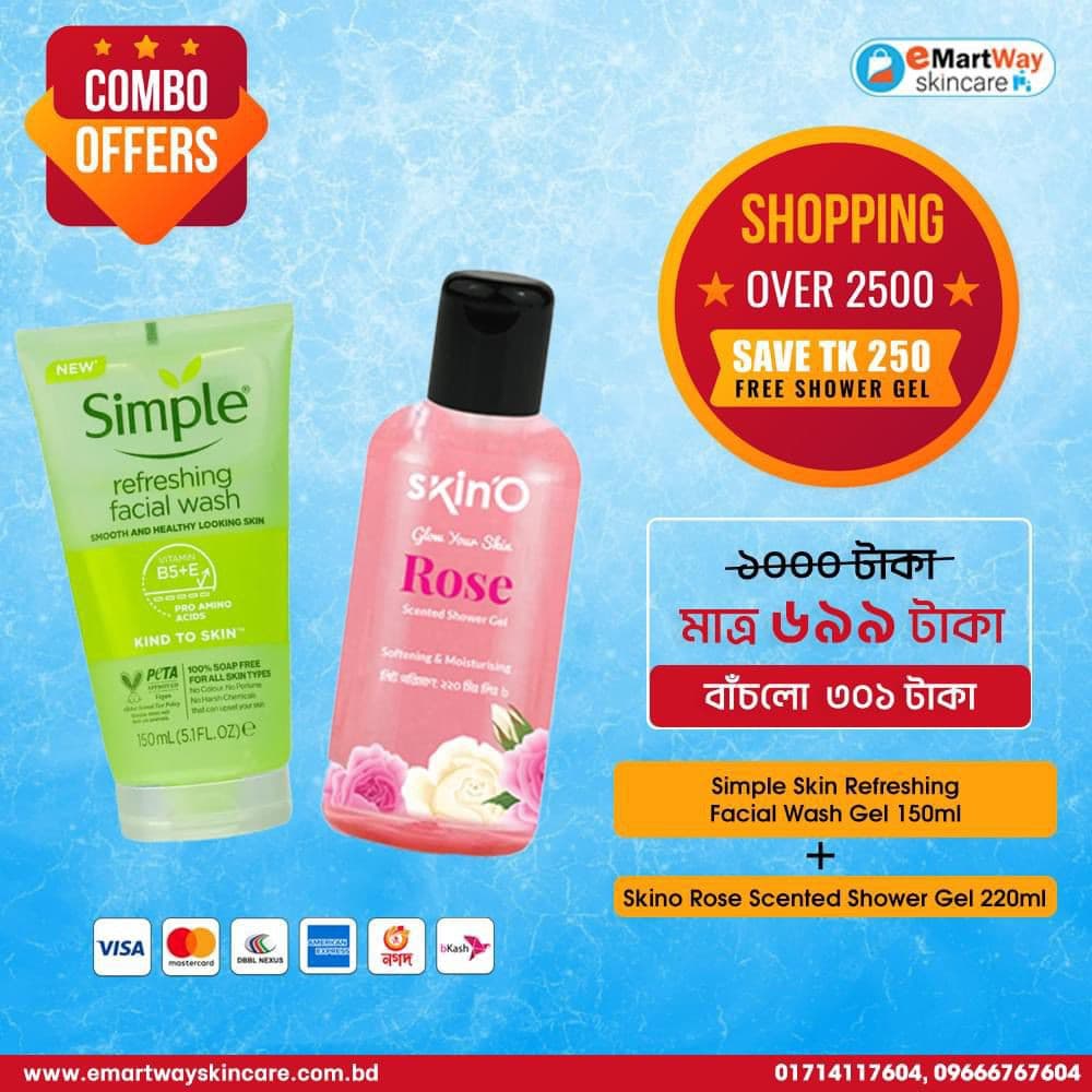 Facewash Combo (Simple Skin Refreshing Facial Wash Gel 150ml + Skino Rose Scented Shower Gel 220ml) 