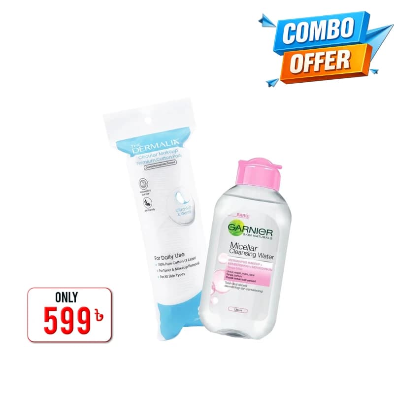 Combo 01 Pure Clean Duo (The Dermalix Premium Cotton Pads 80Pcs+Garnier Micellar Cleansing Water Pink 125ml)