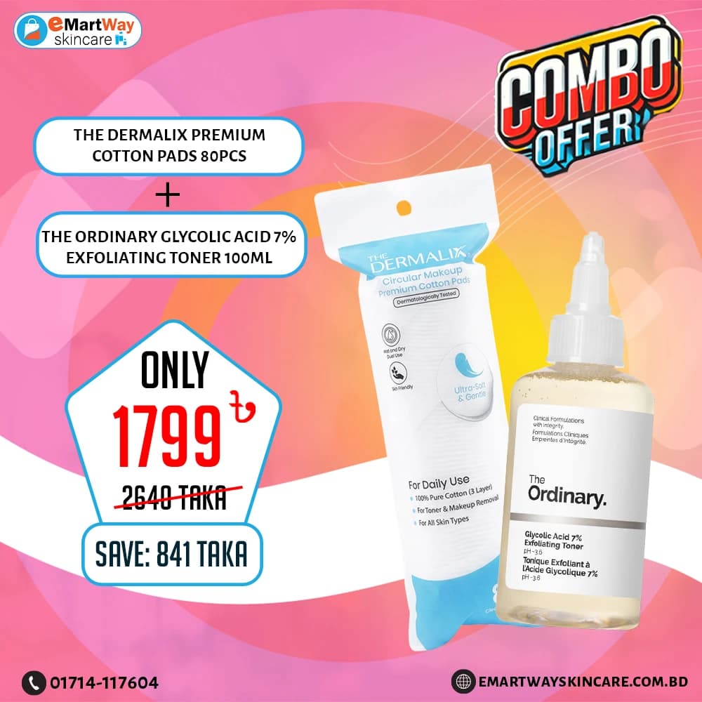 Combo Offer - (The Dermalix Premium Cotton Pads 80Pcs + The Ordinary Glycolic Acid 7% Exfoliating Toner 100ml)