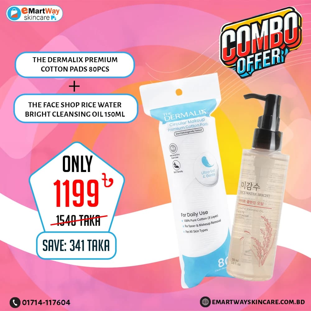 Combo Offer - (The Dermalix Premium Cotton Pads 80Pcs + The Face Shop Rice Water Bright Light Cleansing Oil 150ml) 