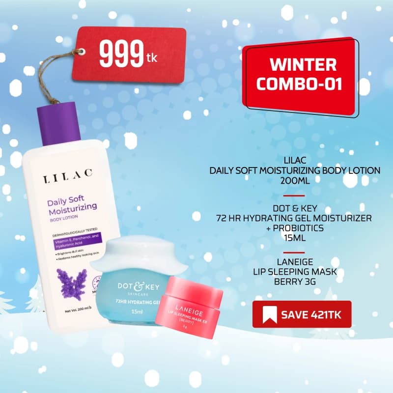 WINTER COMBO-01 ( Lilac Daily Soft Moisturizing Body Lotion 200ml + Dot & Key 72 HR Hydrating Gel Moisturizer + Probiotics 15ml+LANEIGE Lip Sleeping Mask Berry 3g ) 