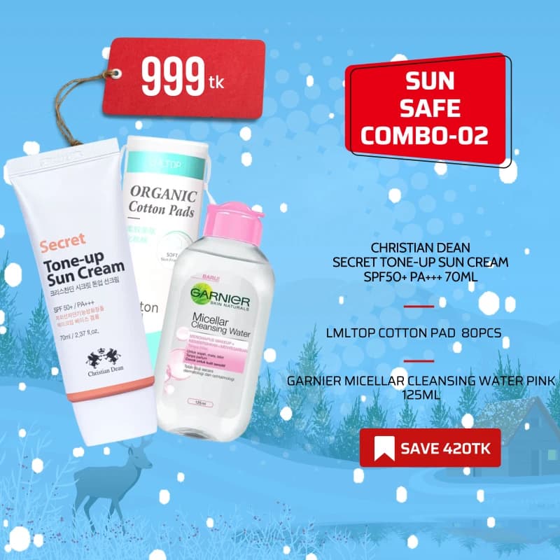SUN SAFE COMBO-02 ( Christian Dean Secret Tone-Up Sun Cream SPF50+ PA+++ 70ml + LMLTOP Cotton Pad For All Skin Types 80pcs +  Garnier Micellar Cleansing Water Pink 125ml )