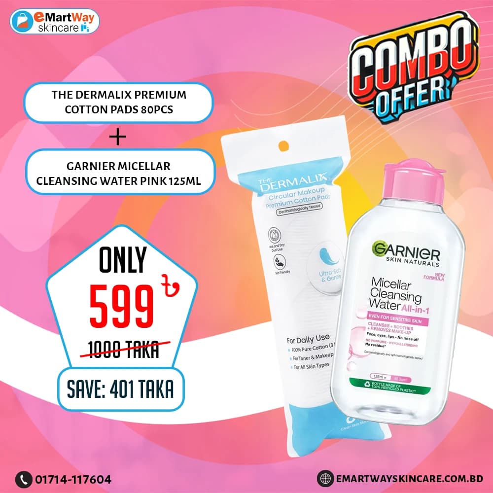 Combo Offer - (The Dermalix Premium Cotton Pads 80Pcs + Garnier Micellar Cleansing Water Pink 125ml)