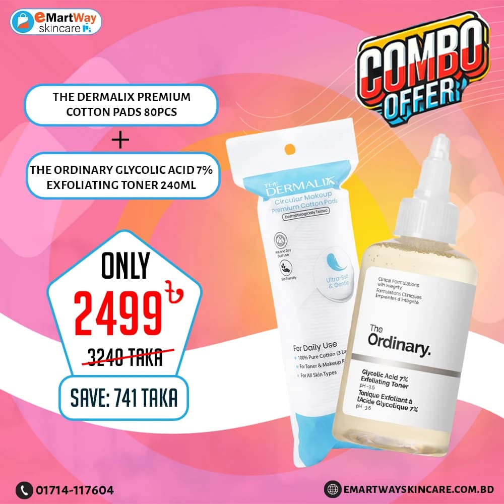 Combo Offer - (The Dermalix Premium Cotton Pads 80Pcs + The Ordinary Glycolic Acid 7% Exfoliating Toner 240ml)