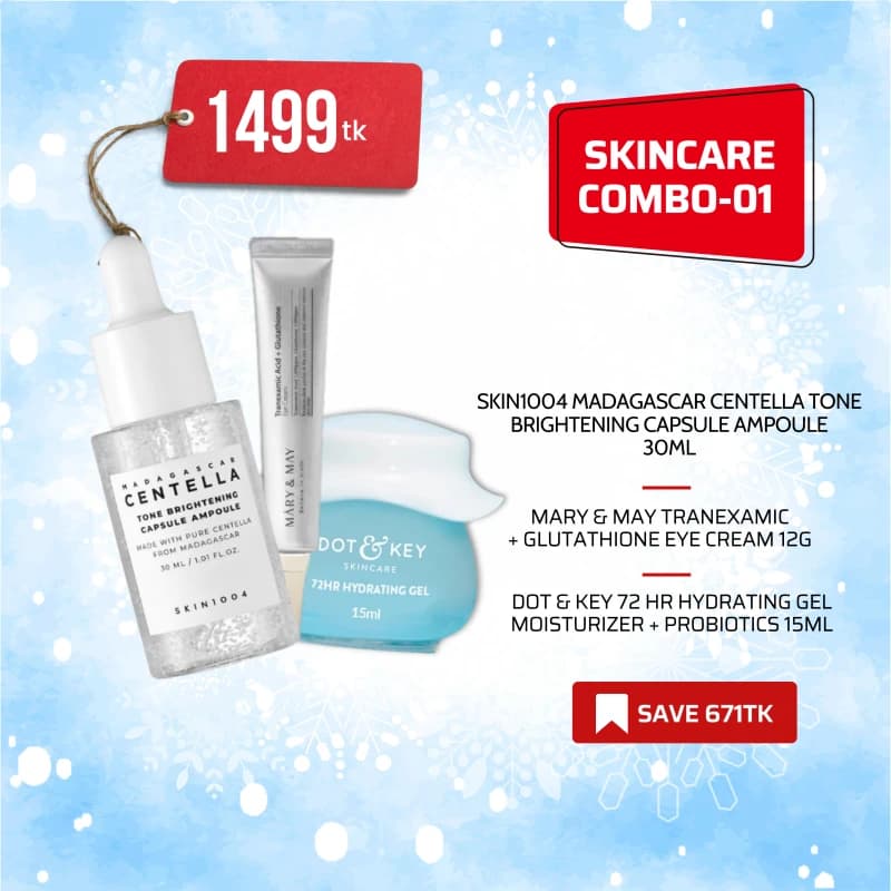 SKINCARE COMBO-01 (SKIN1004 Madagascar Centella Tone Brightening Capsule  Ampoule 30ml + Dot & Key 72 HR Hydrating Gel Moisturizer + Probiotics 15ml  + Mary & May Tranexamic + Glutathione Eye Cream 12g )