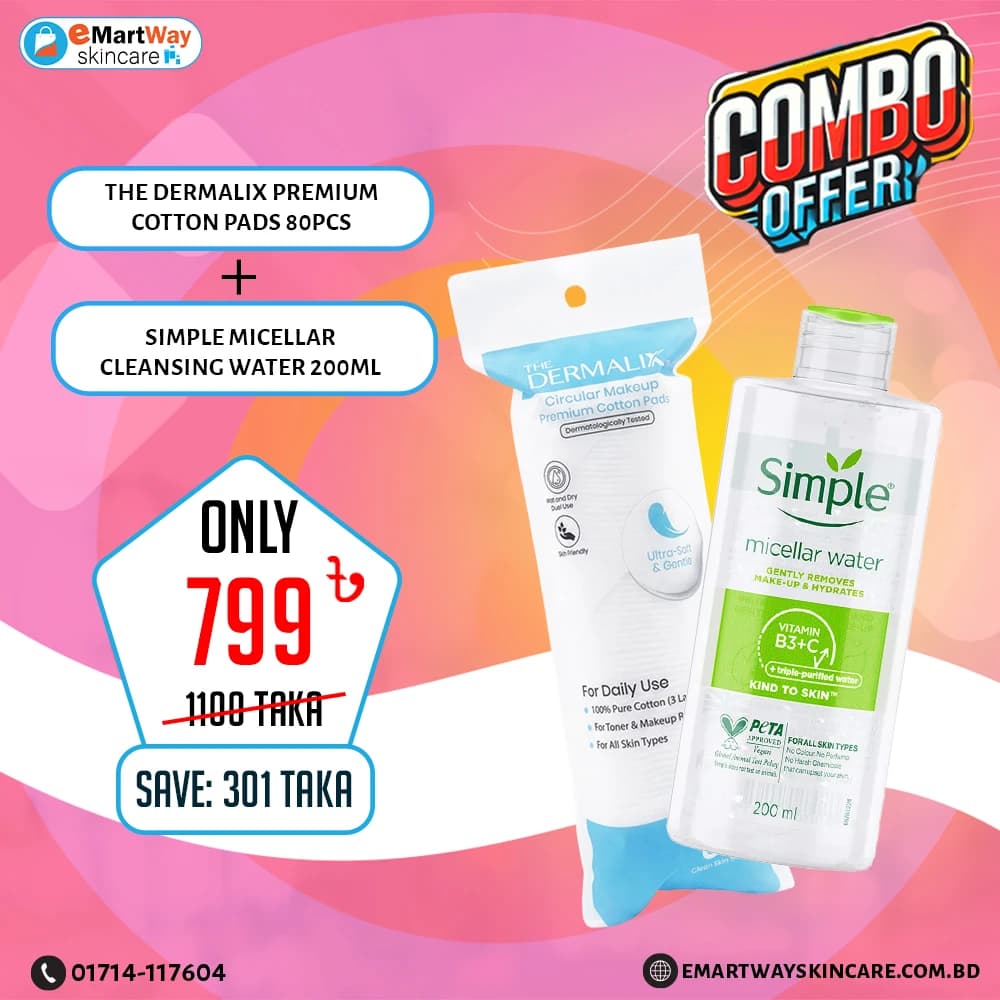 Combo Offer - (The Dermalix Premium Cotton Pads 80Pcs + Simple Micellar Cleansing Water 200ml) 