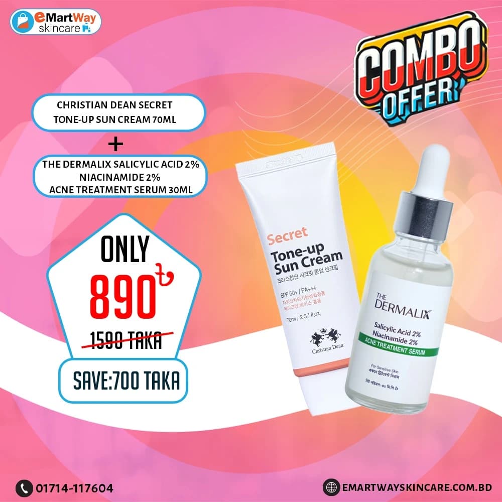 Buy 1 Get 1 (Buy The Dermalix Salicylic Acid 2% + Niacinamide 2% Acne Treatment Serum 30ml, Get Christian Dean Secret Tone-Up Sun Cream SPF50+ PA+++ 70ml)