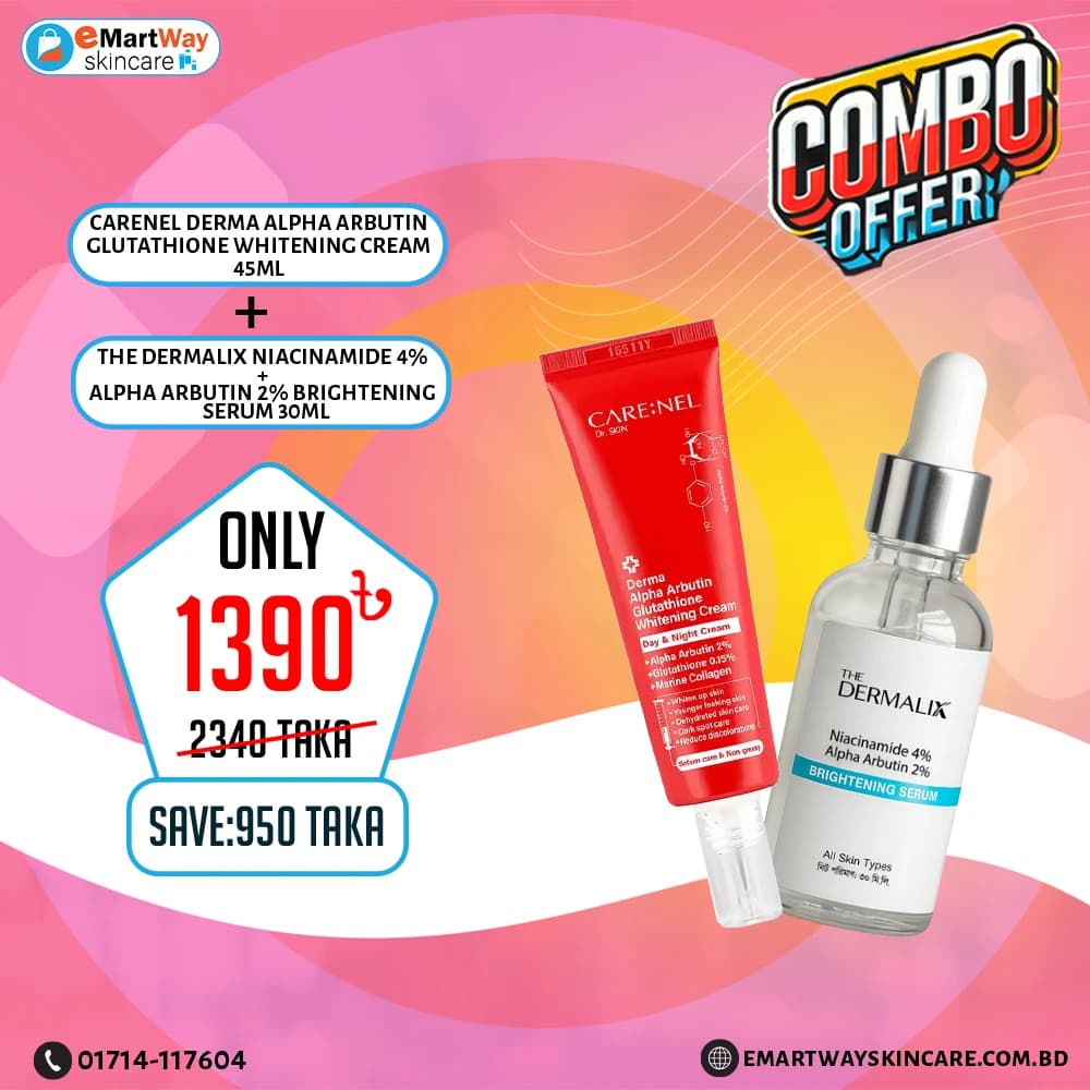 Combo 3 (Carenel Derma Alpha Arbutin Glutathione Whitening Cream 45ml & The Dermalix Niacinamide 4% + Alpha Arbutin 2% Brightening Serum 30ml)