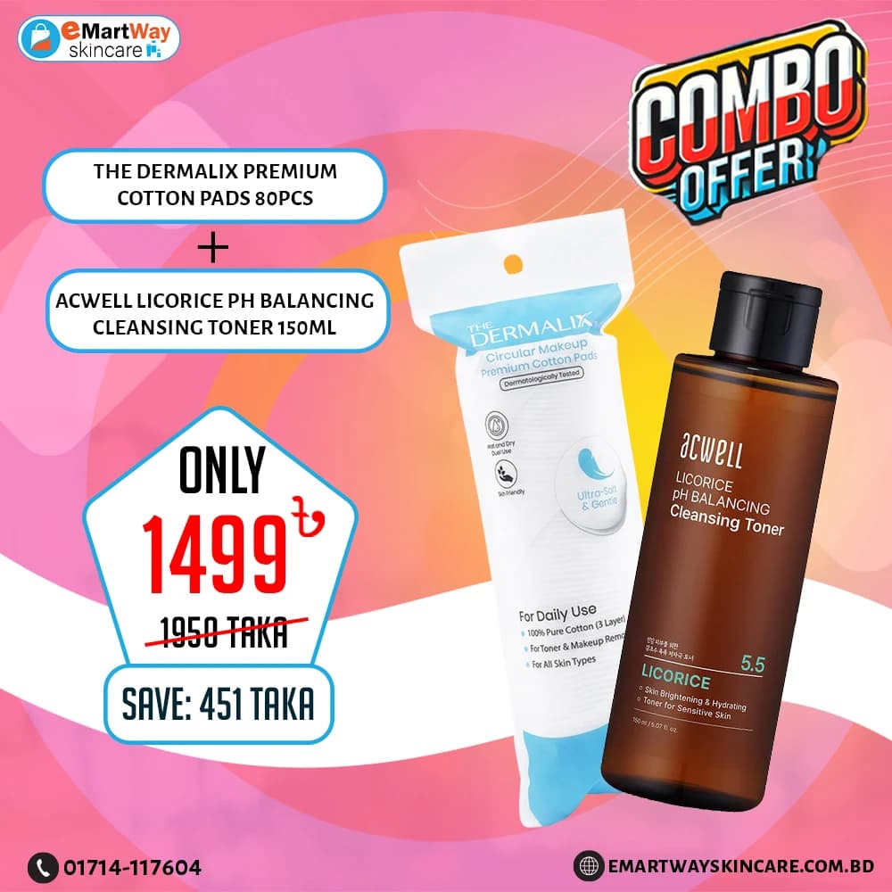 Combo Offer - (The Dermalix Premium Cotton Pads 80Pcs + Acwell Licorice PH Balancing Cleansing Toner 150ml)